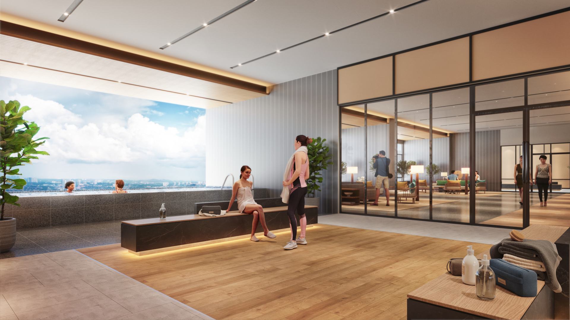 The jacuzzi and wellness deck overlooking the Johor Bahru skyline