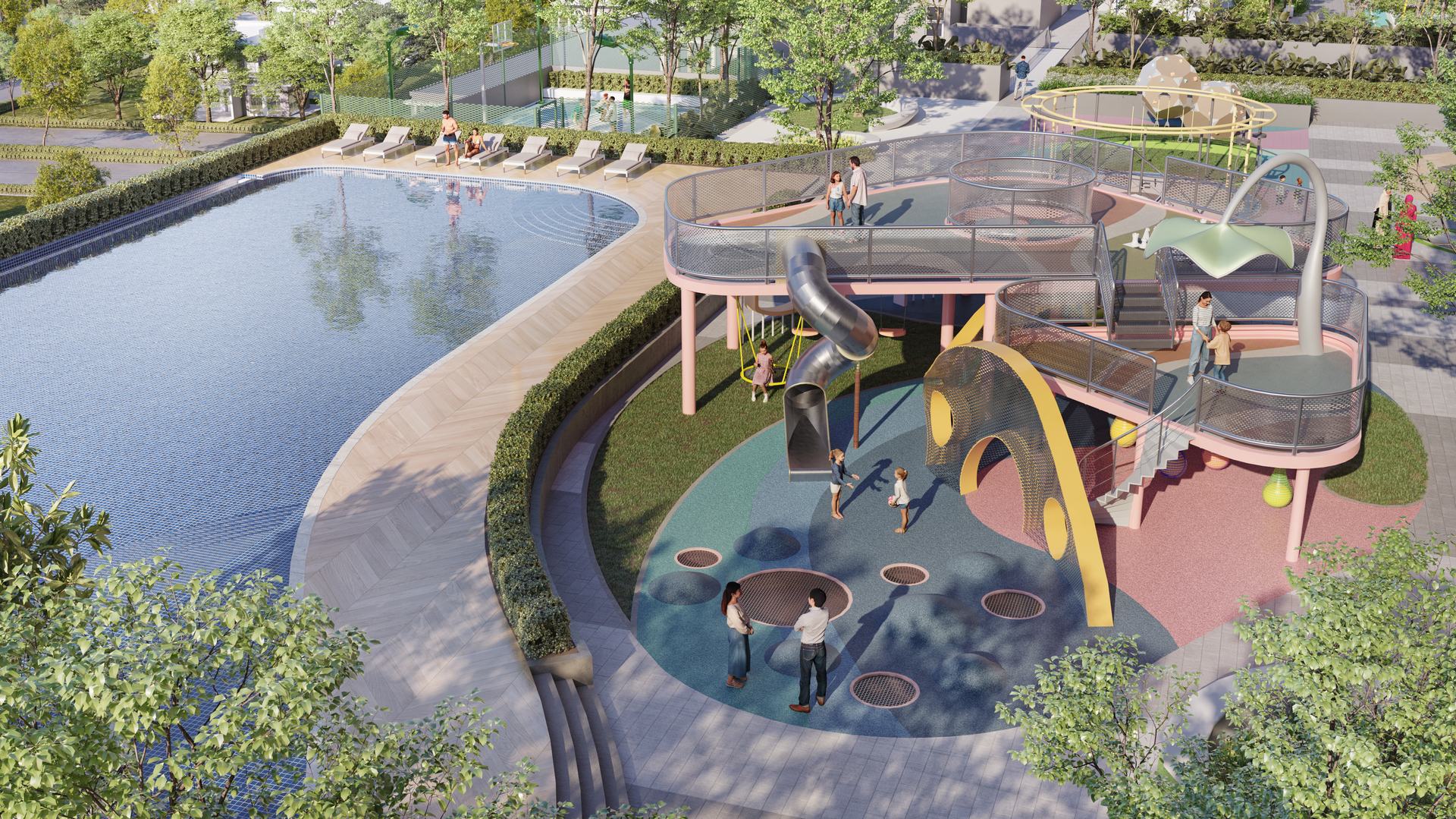 The resort pool and children&rsquo;s playground on the Level 7 podium