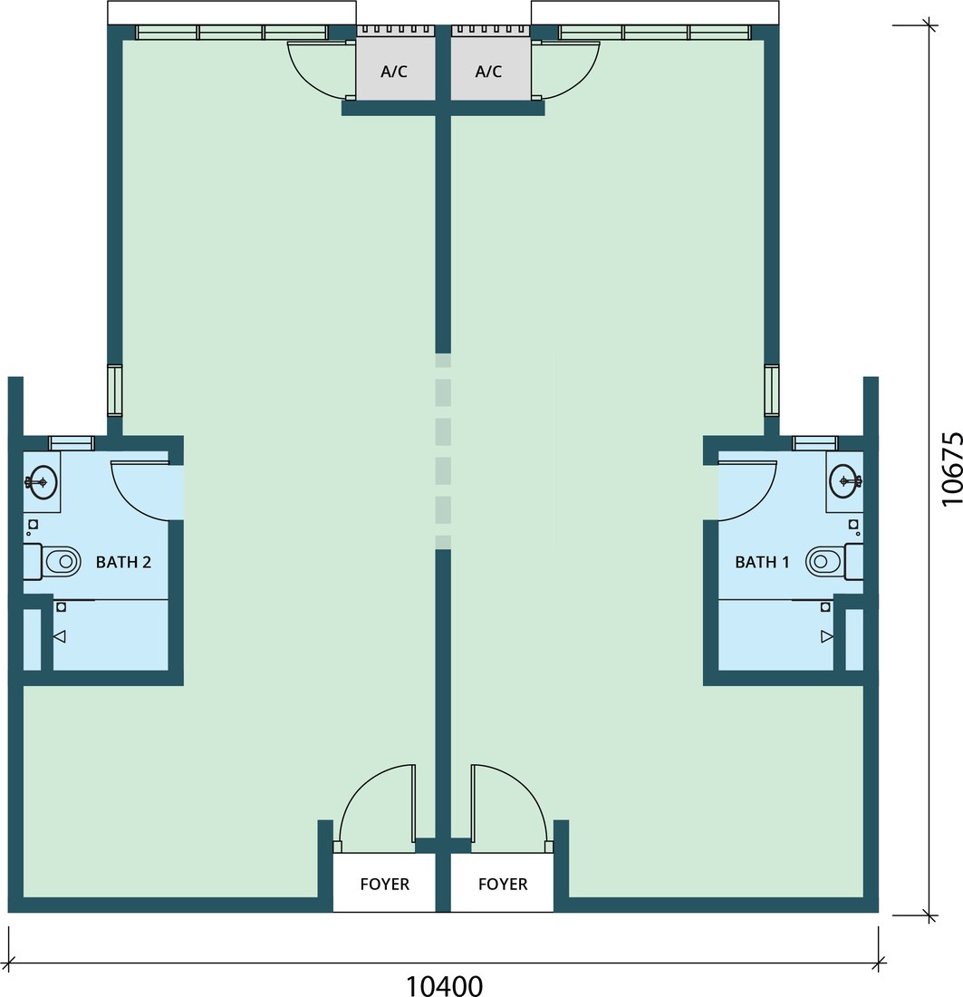 Type AA bare unit: 1,064 sq ft handed over undivided, with two bathrooms and two foyers
