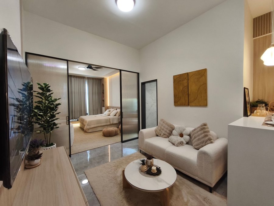 Type A one-bedroom showroom interior with a glazed partition to the sleeping area