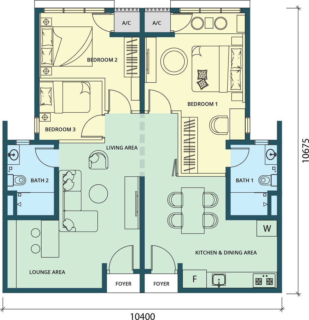 Type AA three-bedroom layout with two bathrooms