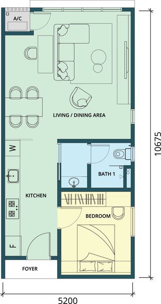 Type A1 floor plan, 598 sq ft with one bedroom